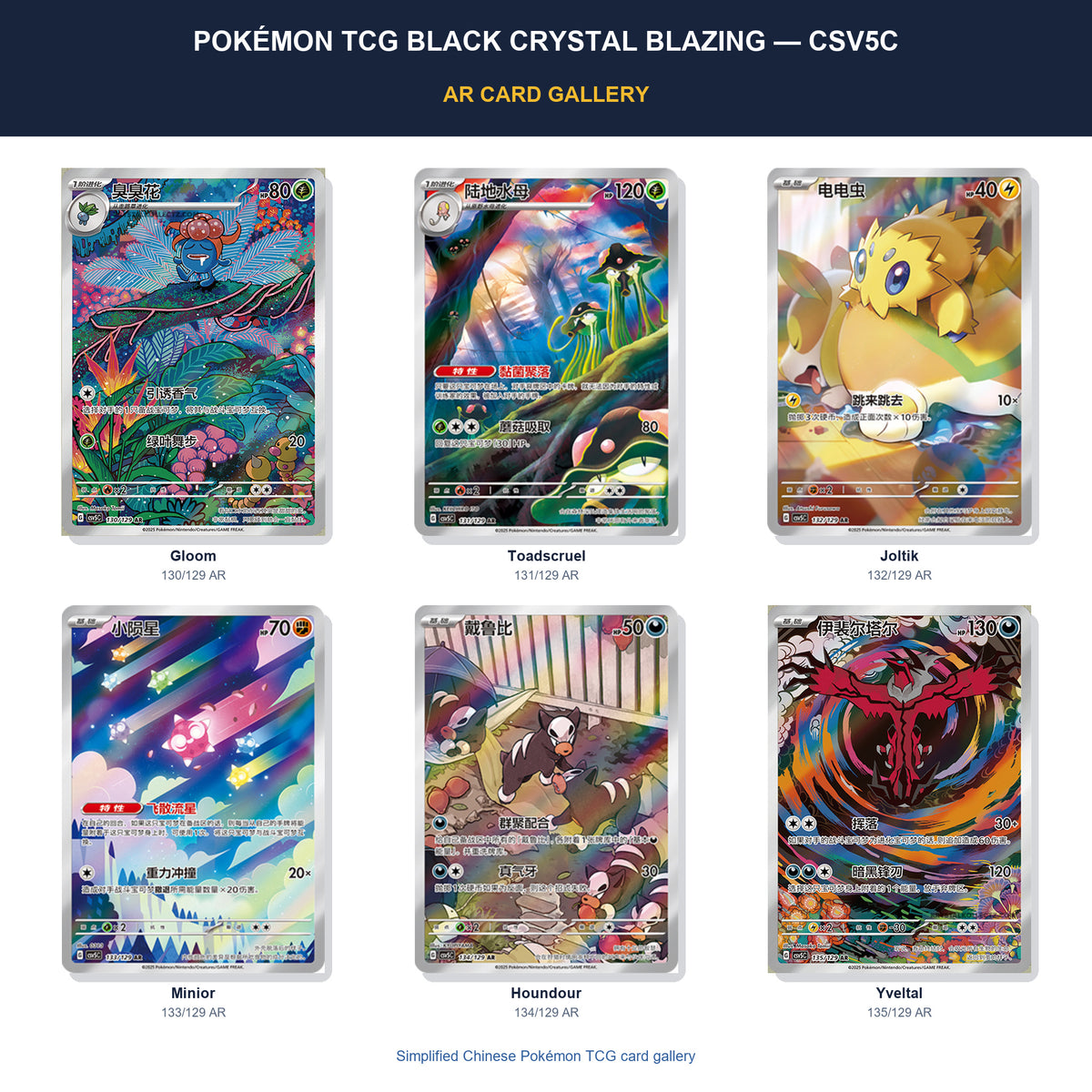 Pokémon Tcg Black Crystal Blazing — Csv5C AR card gallery featuring Gloom, Toadscruel, Joltik, Minior, Houndour, Yveltal