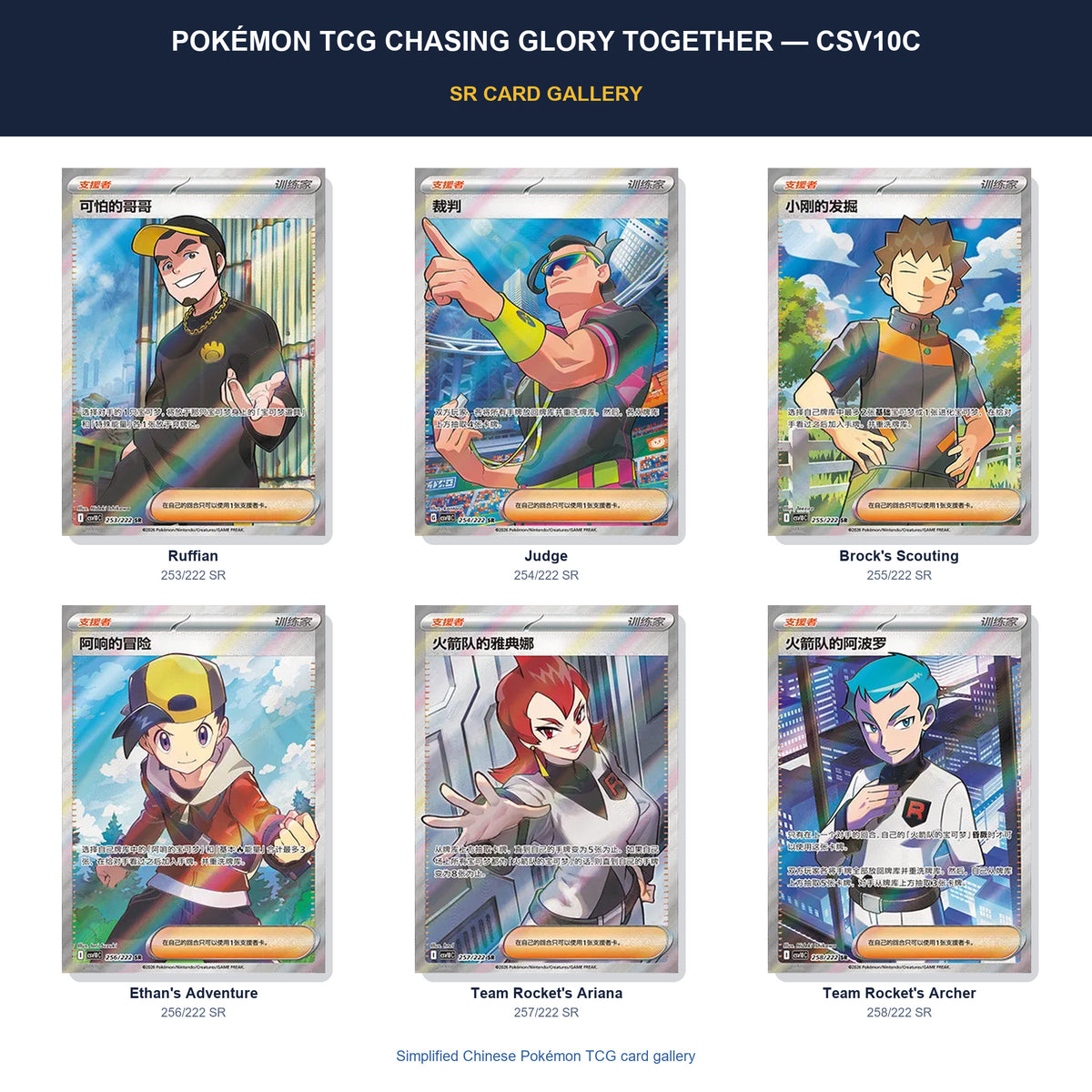 Pokémon Tcg Chasing Glory Together — Csv10C SR card gallery featuring Ruffian, Judge, Brock Scouting, Ethan's Adventure, Team Rocket's Ariana, Team Rocket's Archer