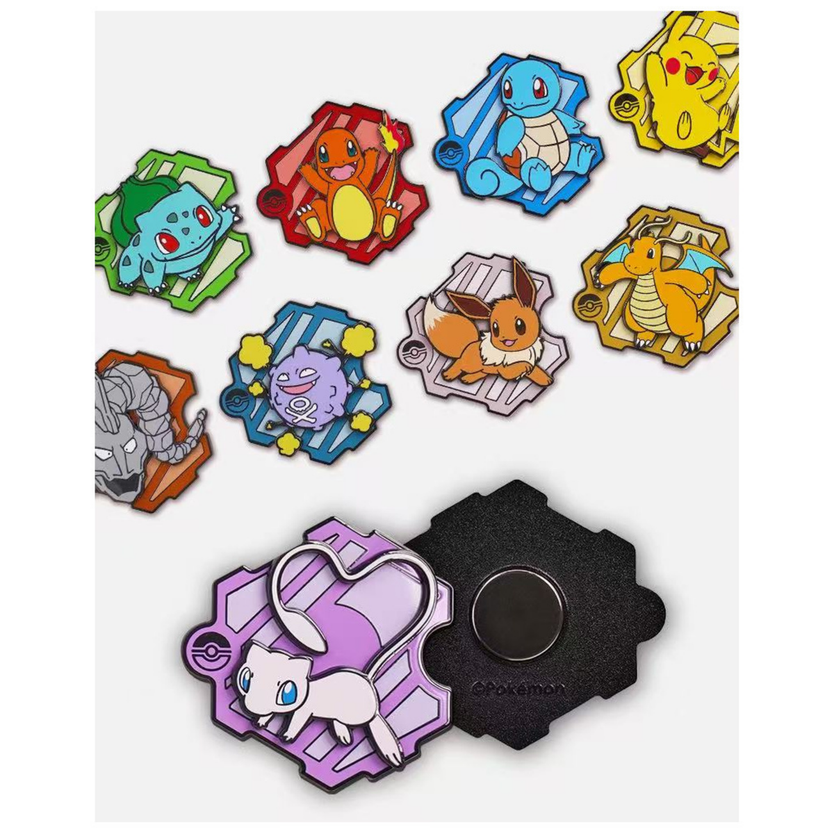 Pokémon Collect 151 metal puzzle refrigerator magnet variations featuring Bulbasaur, Charmander, Squirtle, Pikachu, Dragonite, Eevee, Koffing, Onix and Mew, including the magnetic back.