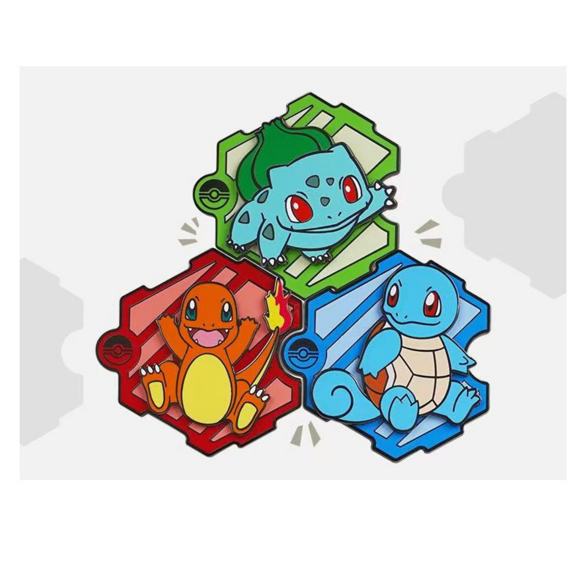 Pokémon Collect 151 puzzle refrigerator magnets featuring Bulbasaur, Charmander and Squirtle in type-colored metal designs.