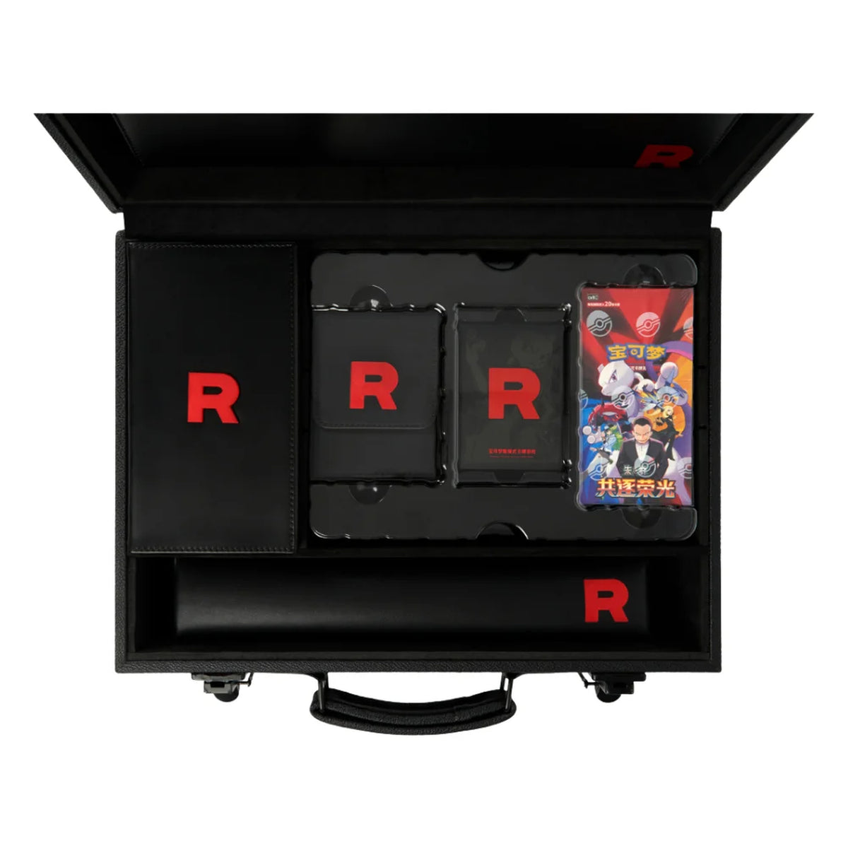 Open Pokémon TCG Chasing Glory Together / Destined Rivals Team Rocket briefcase showing the included accessories and booster box on white.