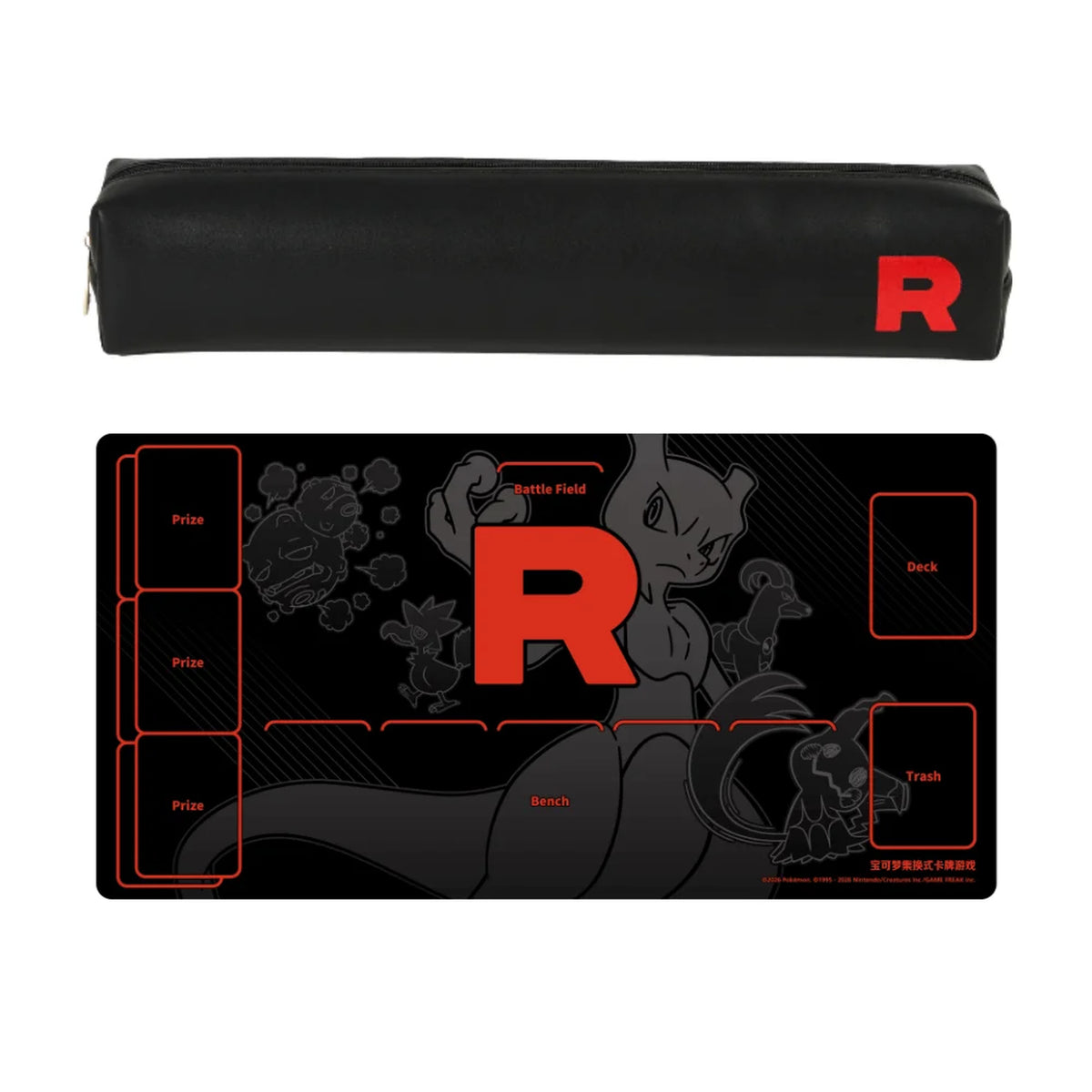 Team Rocket playmat and black playmat storage case from Pokémon TCG Chasing Glory Together / Destined Rivals on a white background.
