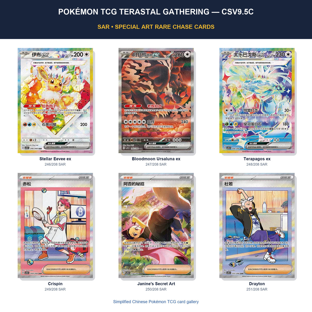 Pokémon TCG Terastal Gathering CSV9.5C Simplified Chinese SAR chase-card gallery featuring Eevee, Terapagos, Crispin and Janine