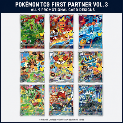Pokémon 30th Anniversary First Partner Vol. 3 gallery showing all nine Simplified Chinese promotional cards featuring Treecko, Torchic, Mudkip, Chespin, Fennekin, Froakie, Sprigatito, Fuecoco and Quaxly.