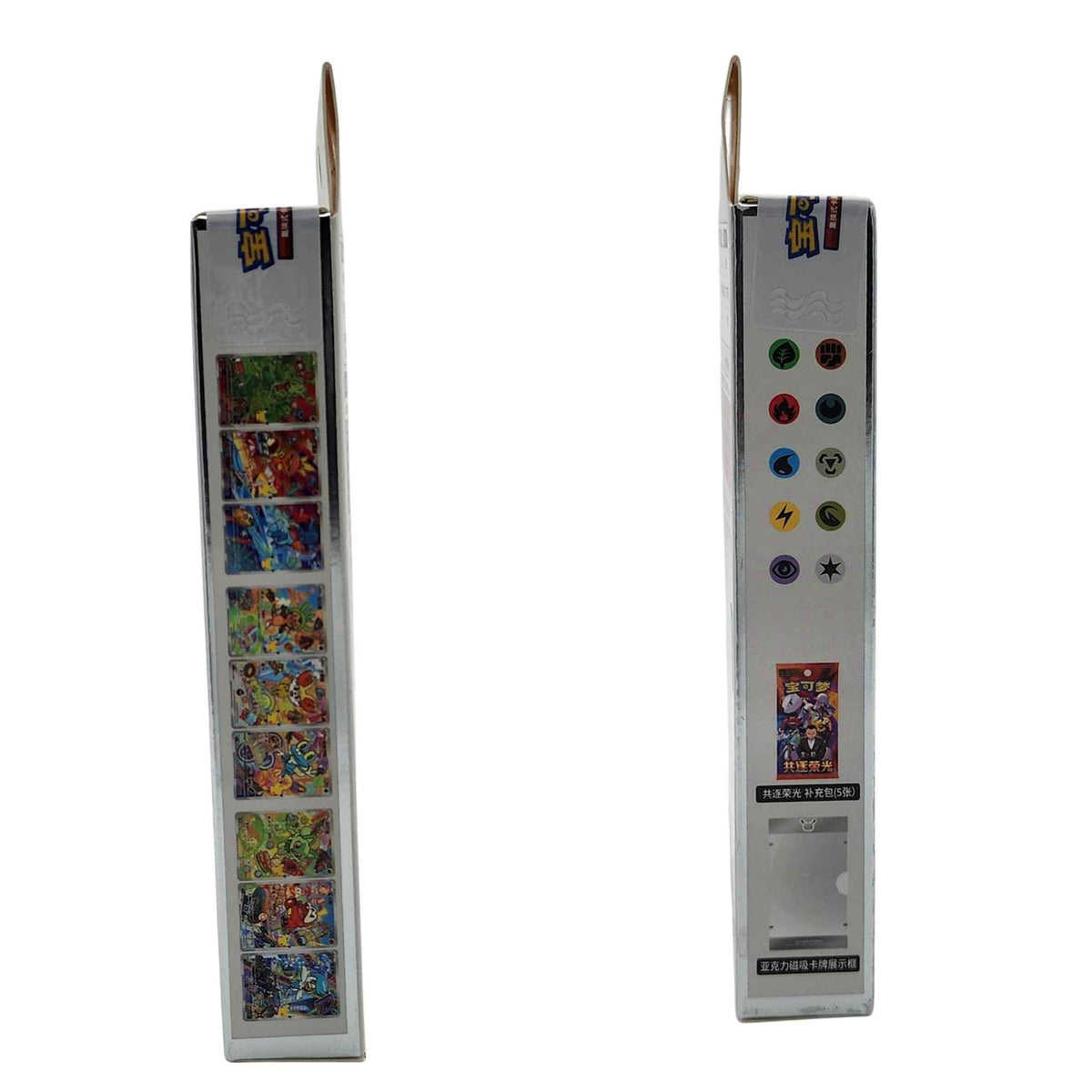 Side panels of Pokémon First Partner Vol. 3 blind box showing promotional artwork, Energy symbols, booster pack and magnetic frame.
