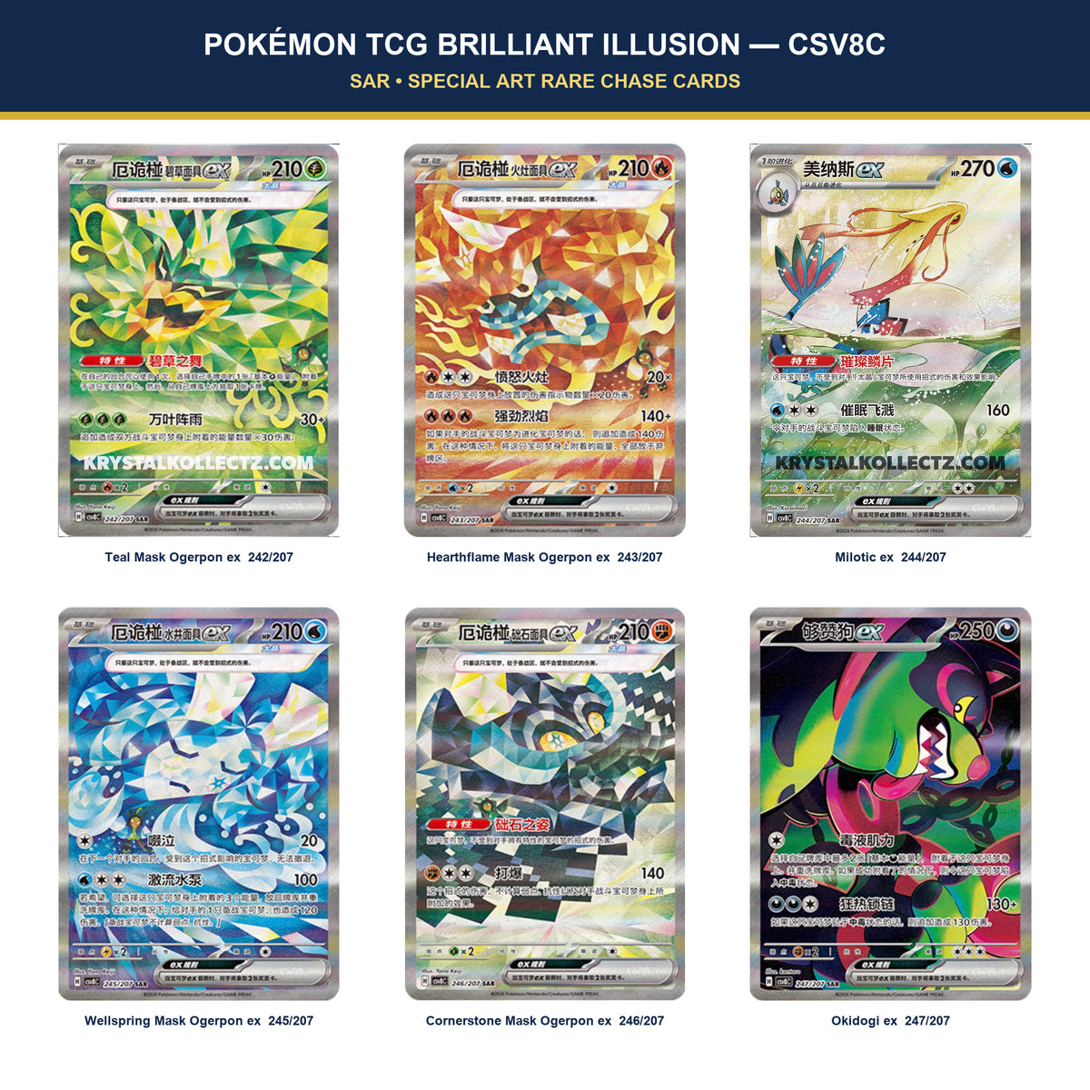 Brilliant Illusion CSV8C SAR cards featuring Ogerpon ex, Milotic ex and Okidogi ex in Simplified Chinese.