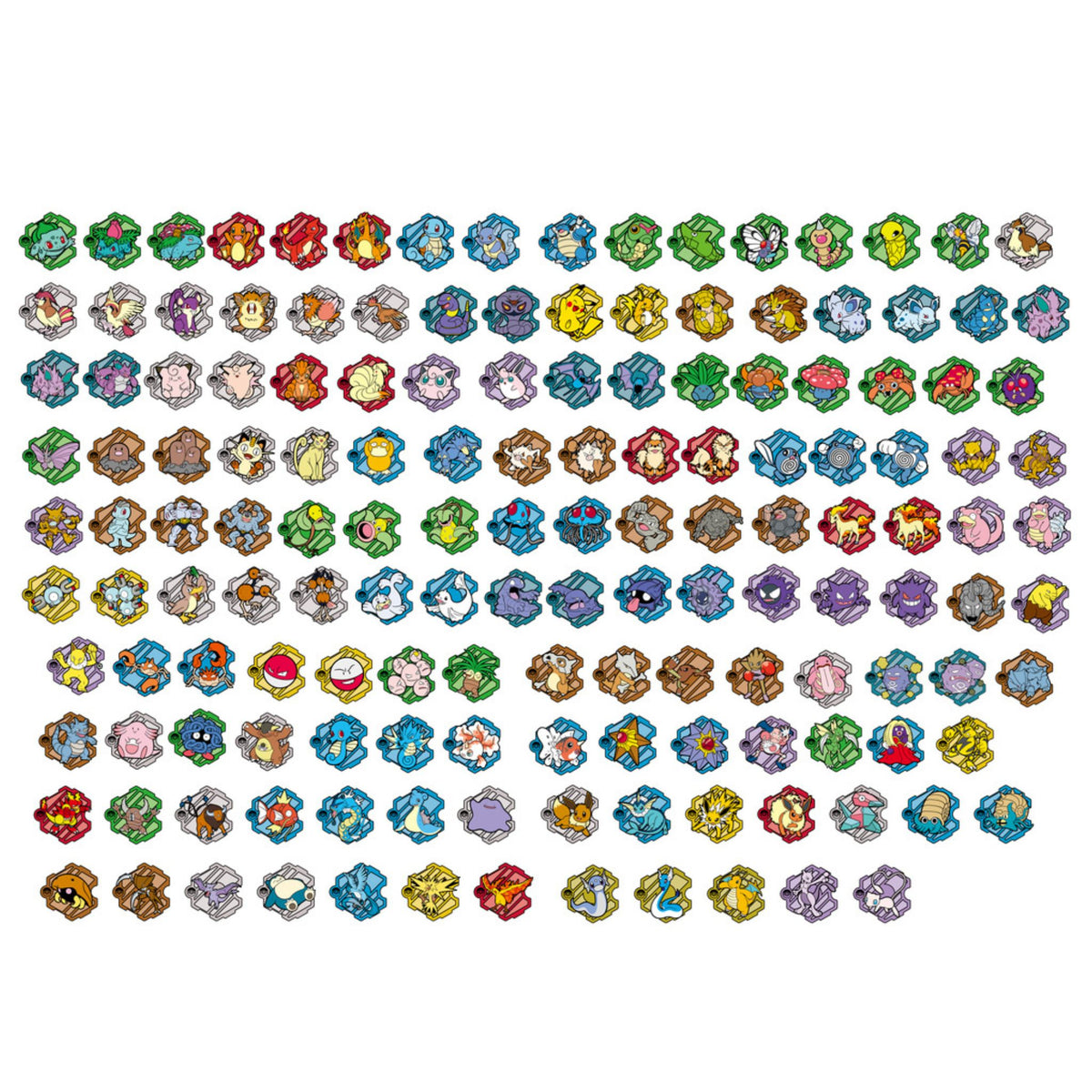 Complete gallery of Pokémon Collect 151 metal puzzle refrigerator magnet designs featuring the original Kanto Pokémon.