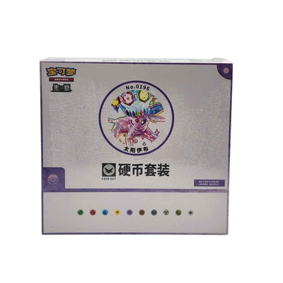 Front of the purple and silver Pokémon Espeon coin set display box with Espeon artwork and Energy symbols.