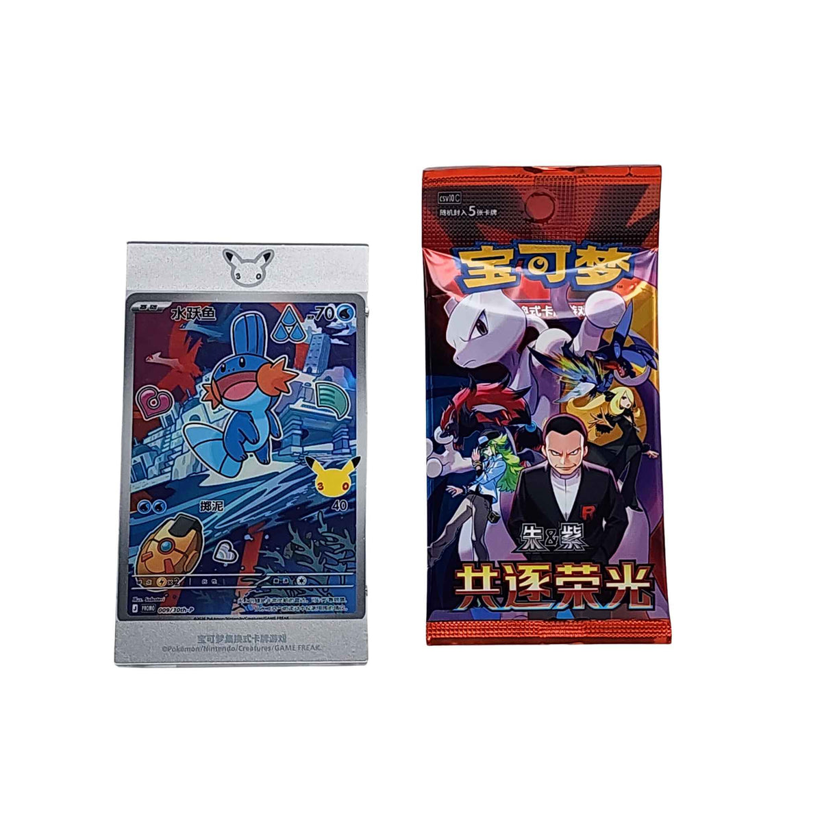 Simplified Chinese Pokémon First Partner Vol. 3 Mudkip card in a silver display frame beside a Chasing Glory booster pack.