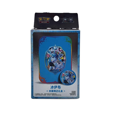 Front of an individual Pokémon Glaceon collectible gift box with a hanging tab and blue Glaceon tin artwork.