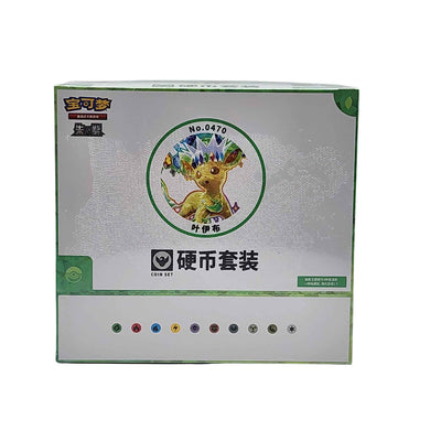 Front of the green and silver Pokémon Leafeon coin set display box with Leafeon artwork and Energy symbols.