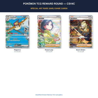 Pokémon Reward Round CSV4C Simplified Chinese SAR chase cards featuring Pidgeot ex, Parasol Lady, and Boss’s Orders