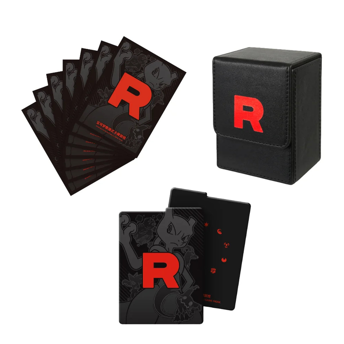 Team Rocket card sleeves, deck box and dividers from Pokémon TCG Chasing Glory Together / Destined Rivals on a white background.