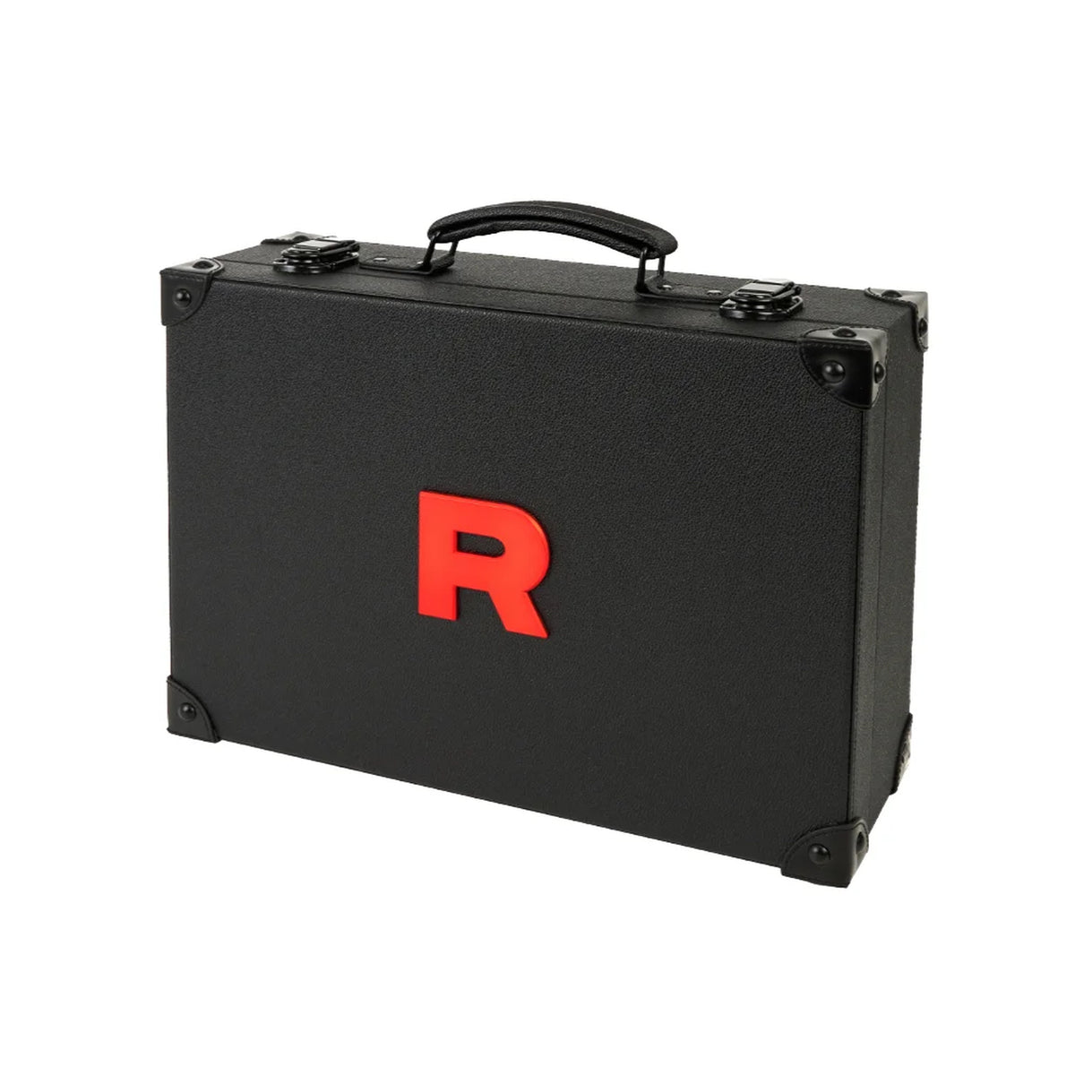 Front view of the black Pokémon TCG Chasing Glory Together / Destined Rivals Team Rocket briefcase with a red R logo on white.