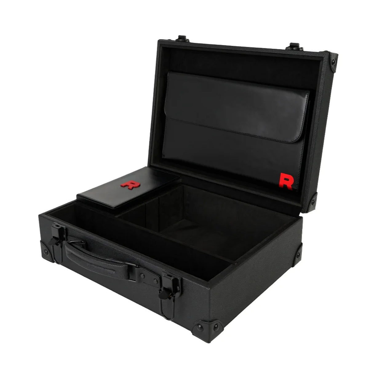 Interior view of the open Pokémon TCG Chasing Glory Together / Destined Rivals Team Rocket collector briefcase on a white background.