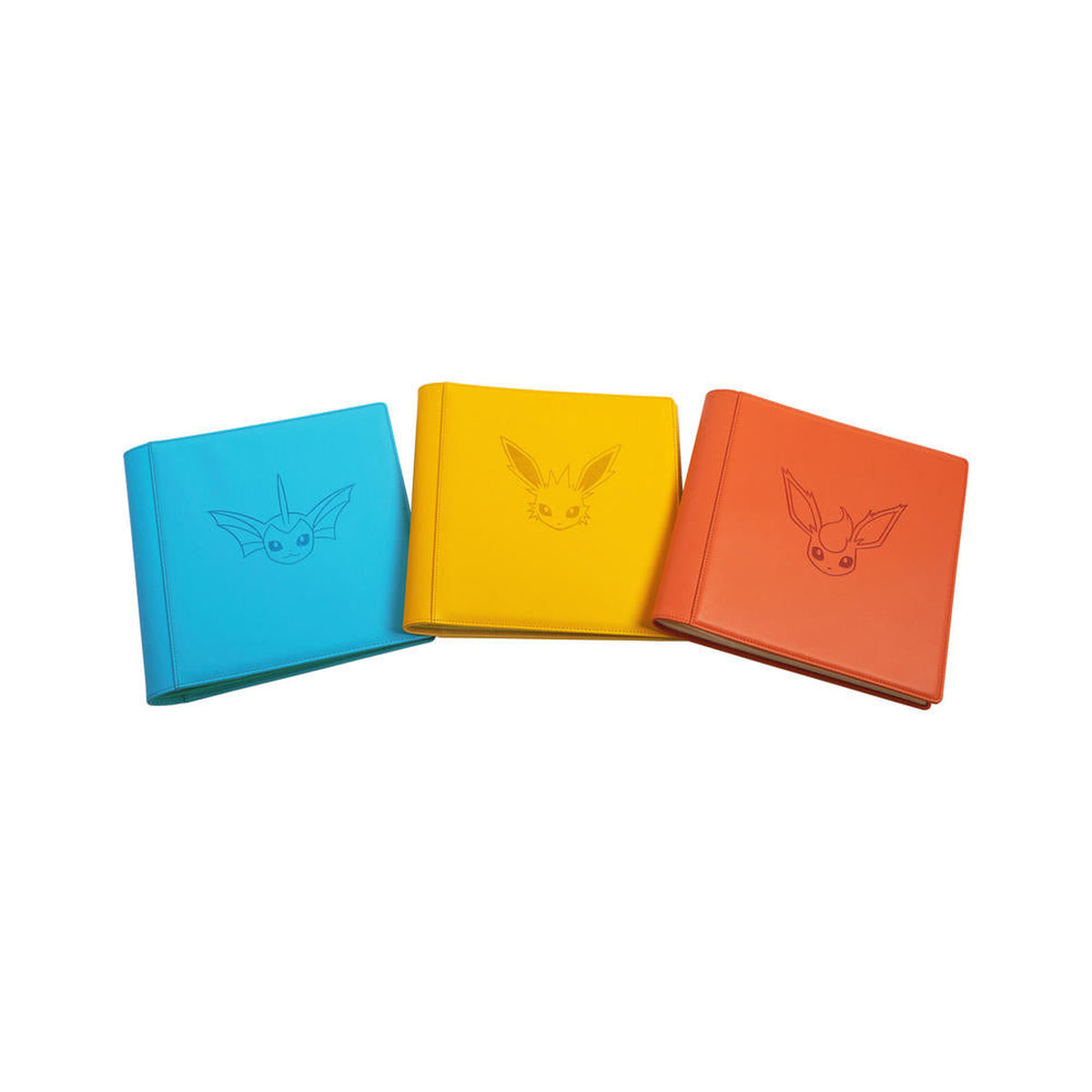 Vaporeon, Jolteon, and Flareon binders from the Pokémon TCG Eevee Advanced Gift Box
