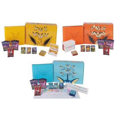 Complete Pokémon TCG Eevee Advanced Gift Box bundle with Vaporeon, Jolteon, and Flareon editions