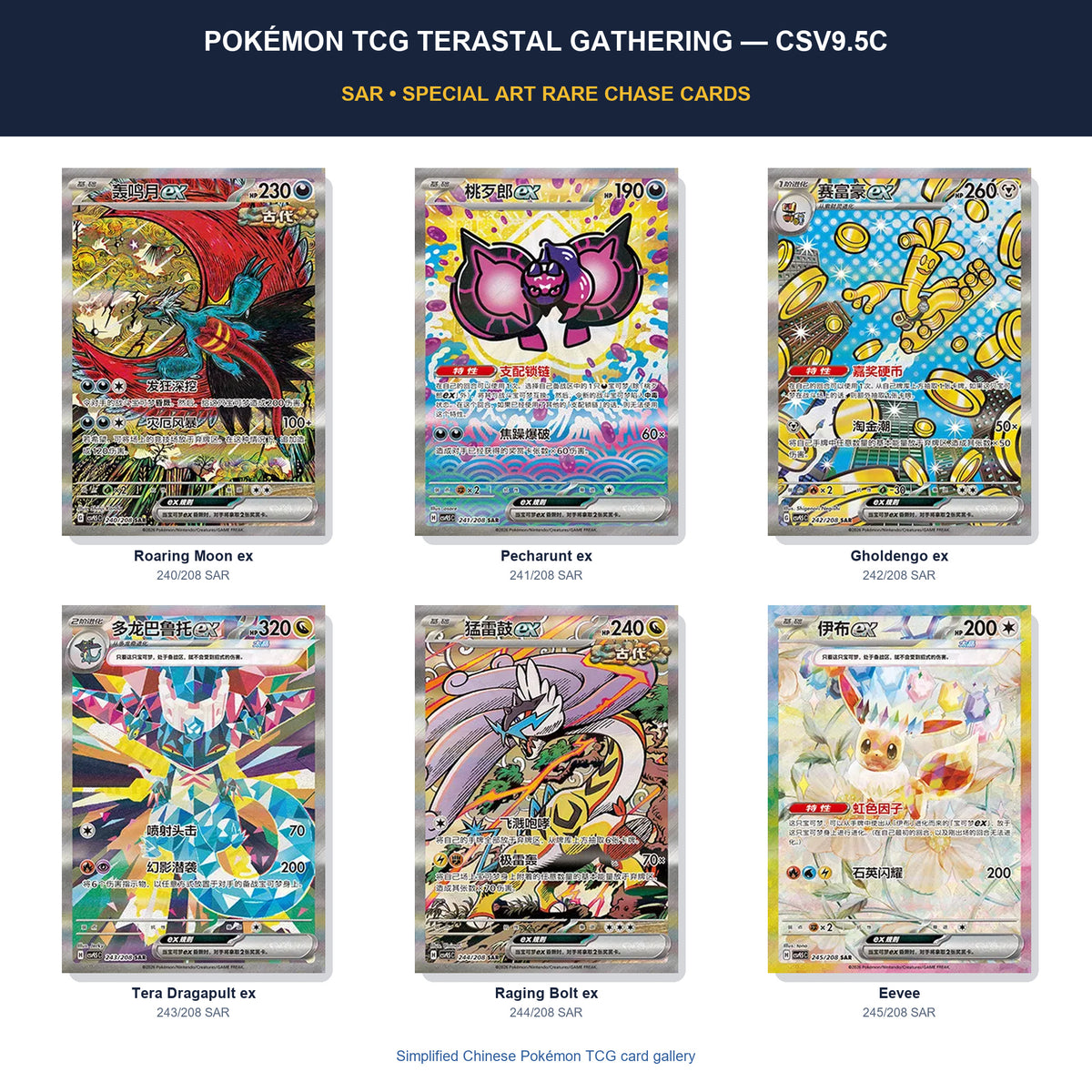 Pokémon TCG Terastal Gathering CSV9.5C Simplified Chinese SAR chase-card gallery featuring Roaring Moon, Pecharunt, Dragapult and Raging Bolt